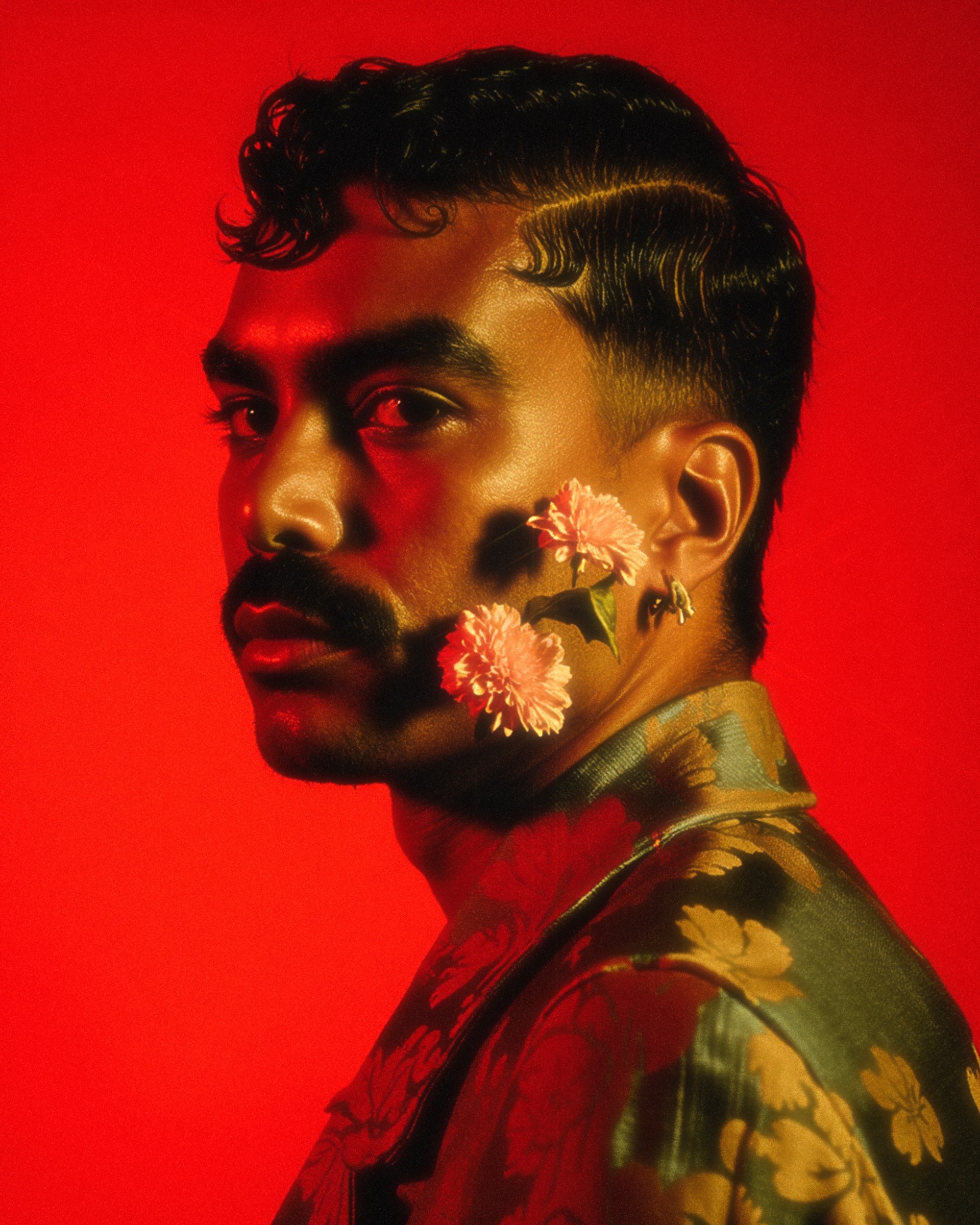 Marco Vincit aparece em um retrato intenso com fundo vermelho vibrante, vestindo um blazer floral e com flores aplicadas ao rosto. A iluminação quente e difusa adiciona um toque etéreo e cinematográfico à imagem. — Retratos, Marco Vincit