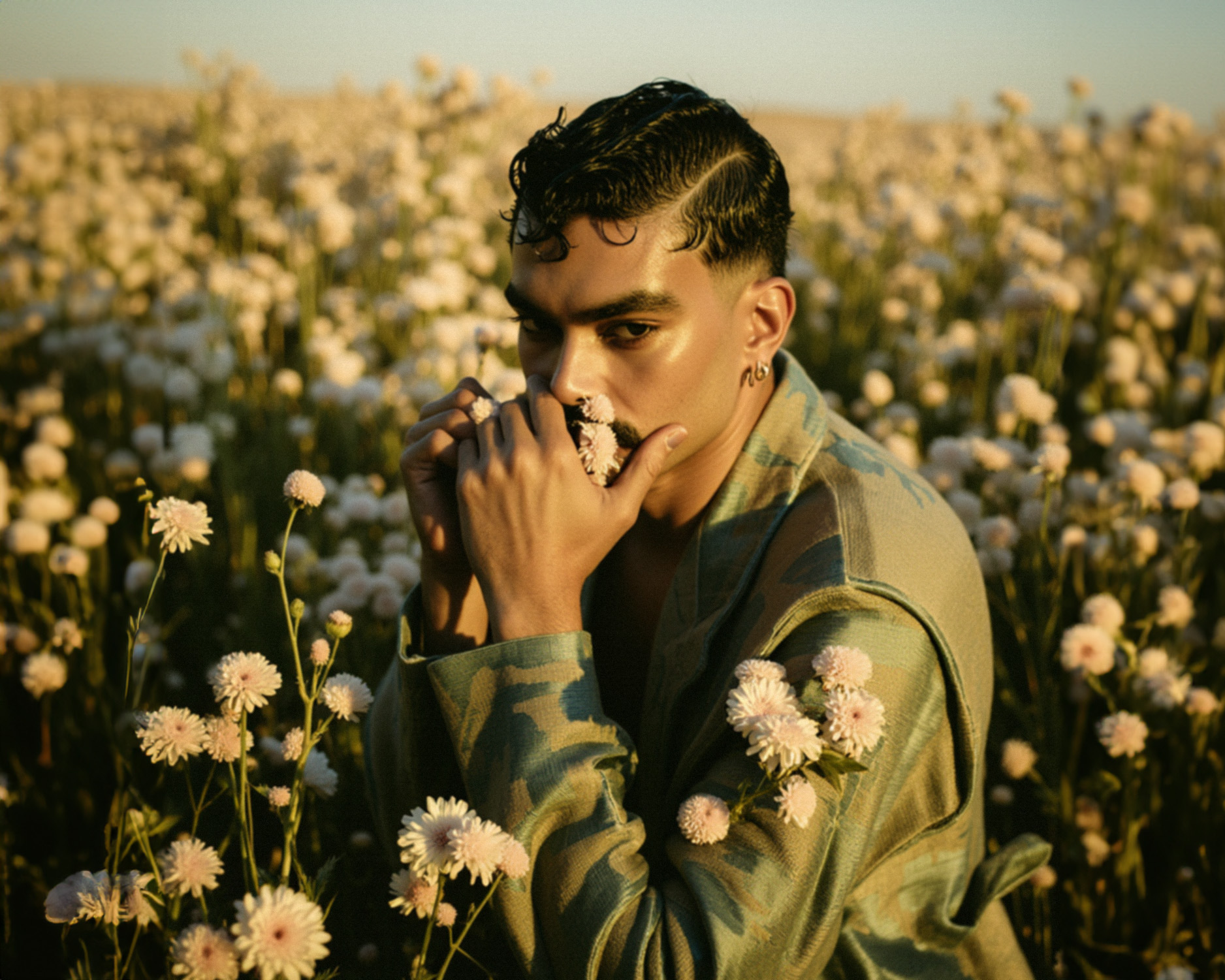 Marco Vincit posa em meio a um vasto campo de flores brancas, vestindo um blazer verde com padrões suaves. Seu olhar contemplativo e a luz dourada criam uma cena poética e imersiva. — Retratos, Marco Vincit