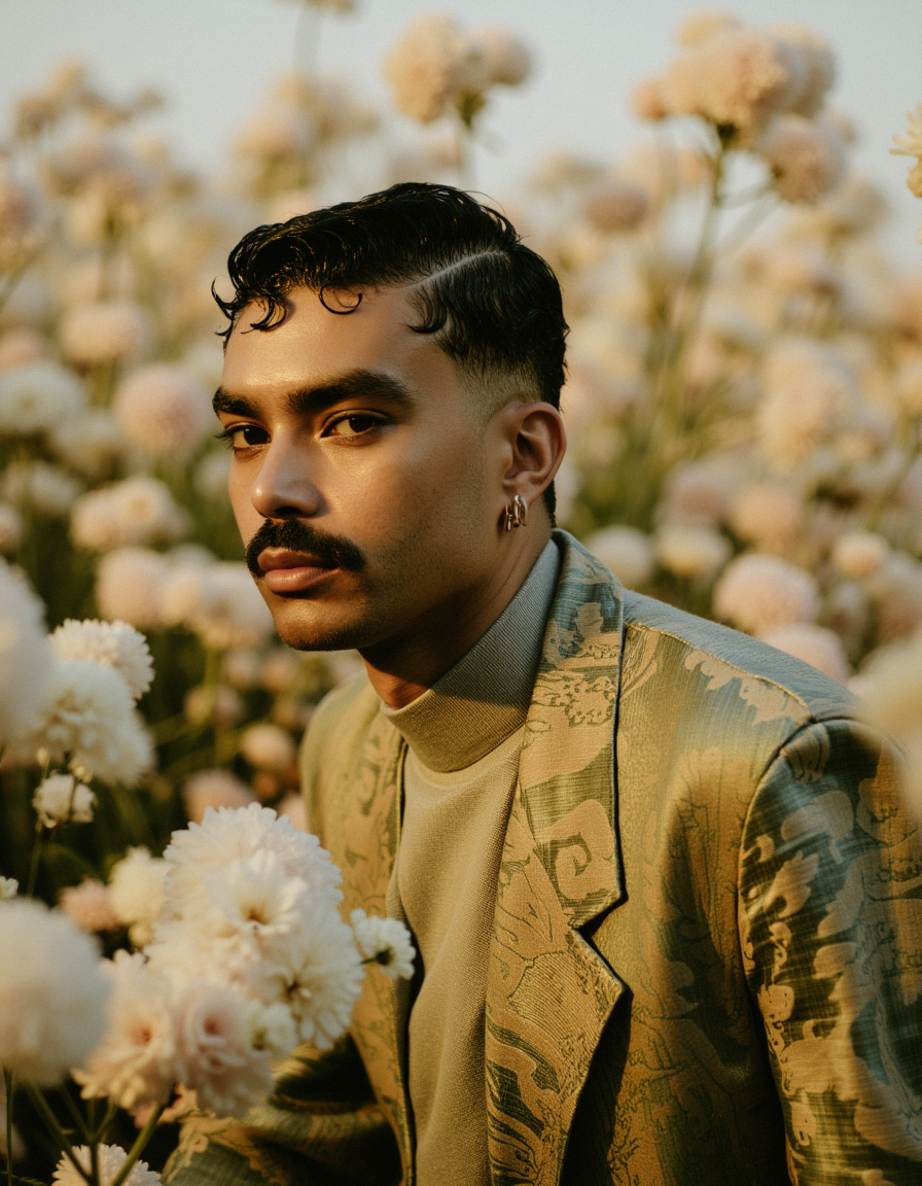 Marco Vincit posa entre flores brancas, vestindo um blazer verde detalhado e um suéter de tom suave. Seu olhar sereno e a luz natural criam uma atmosfera delicada e sofisticada. — Retratos, Marco Vincit