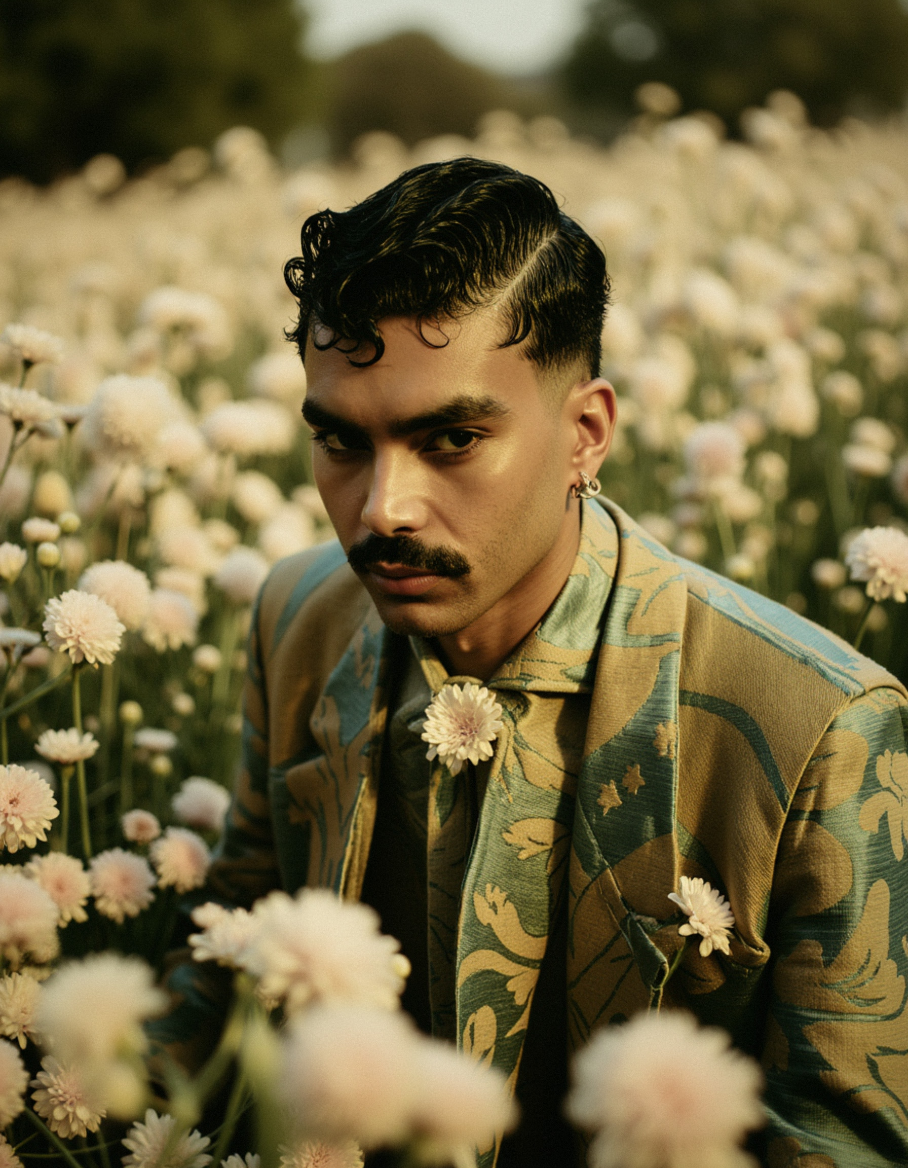 Marco Vincit veste um terno verde com padrões dourados, cercado por um campo de flores brancas. Seu olhar intenso e a composição natural criam uma imagem sofisticada e poética. — Retratos, Marco Vincit