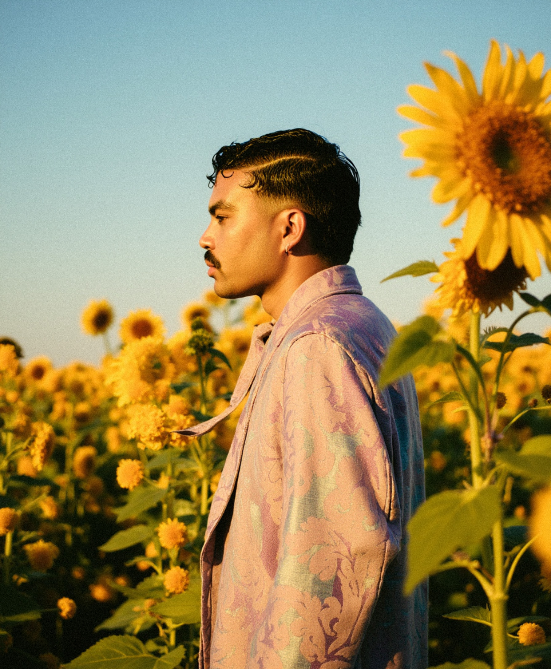 Marco Vincit posa de perfil em meio a um campo de girassóis, vestindo um terno lavanda com detalhes sutis. A luz dourada do entardecer realça a harmonia entre natureza e moda. — Retratos, Marco Vincit