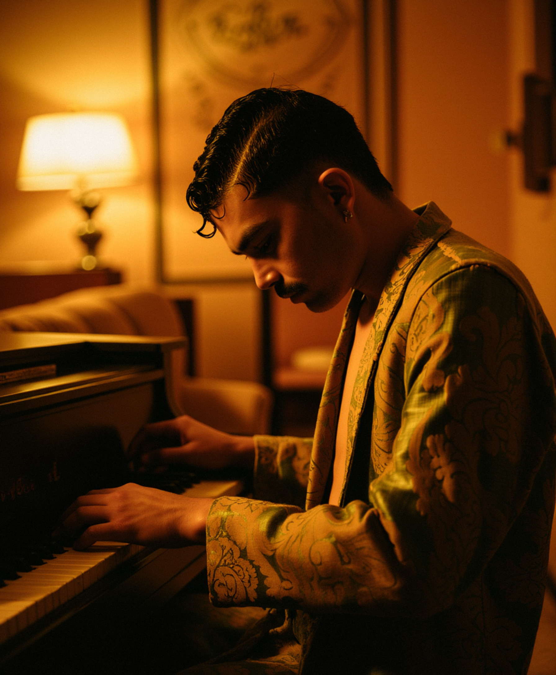 Marco Vincit toca piano em um ambiente intimista, iluminado por luzes quentes. Vestindo um robe de tecido brocado, sua expressão concentrada transmite uma conexão profunda com a música. — Retratos, Marco Vincit