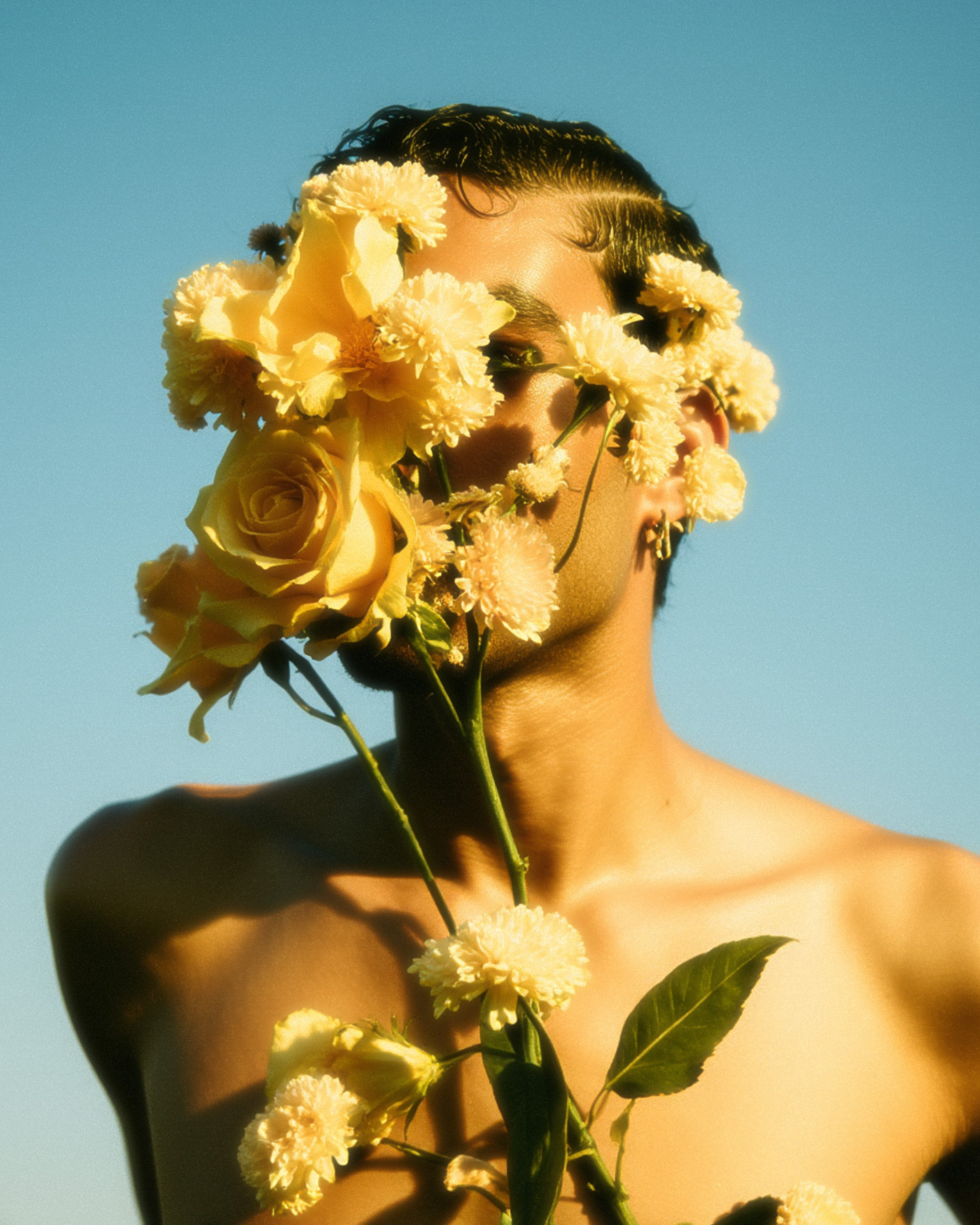 Marco Vincit posa ao ar livre, com flores amarelas cobrindo parte de seu rosto e corpo. A luz suave e o céu azul criam uma composição natural e poética. — Rosas Amarelas, Marco Vincit